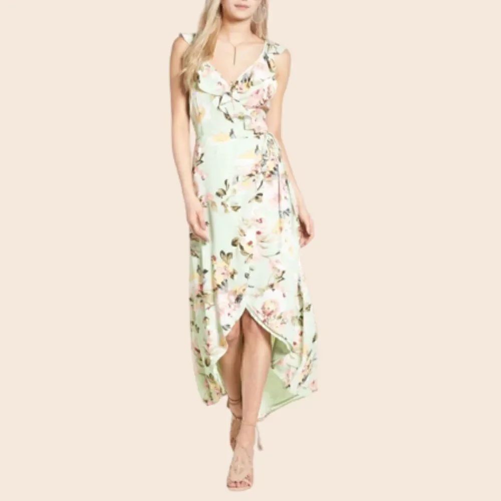 Privacy Please Mint Light Green Floral Wrap Ruffle Hi Low Dress Size XS